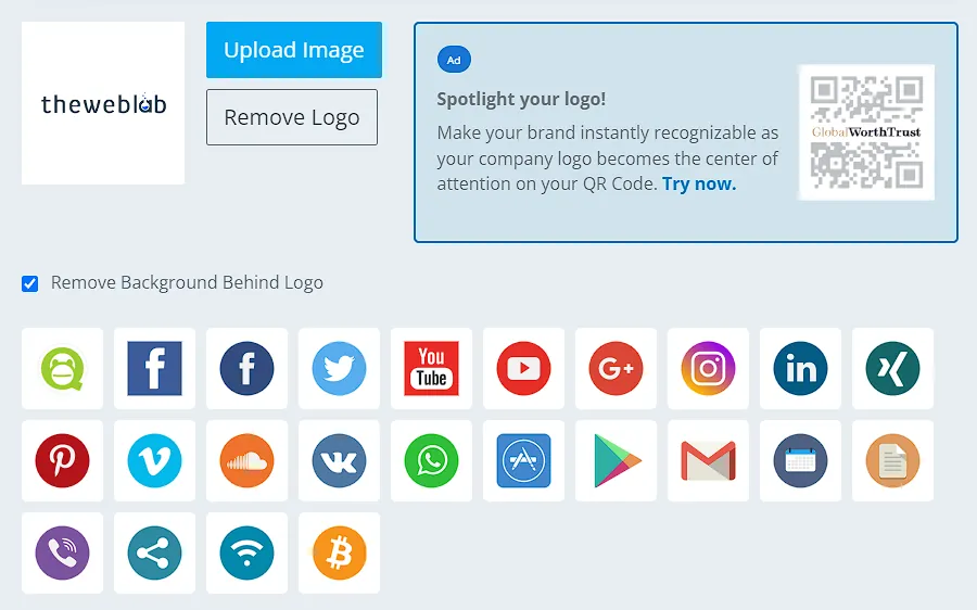 Az „ADD LOGO IMAGE” menüpont az előre elérhető logókkal és a saját logó feltöltésének lehetőségével