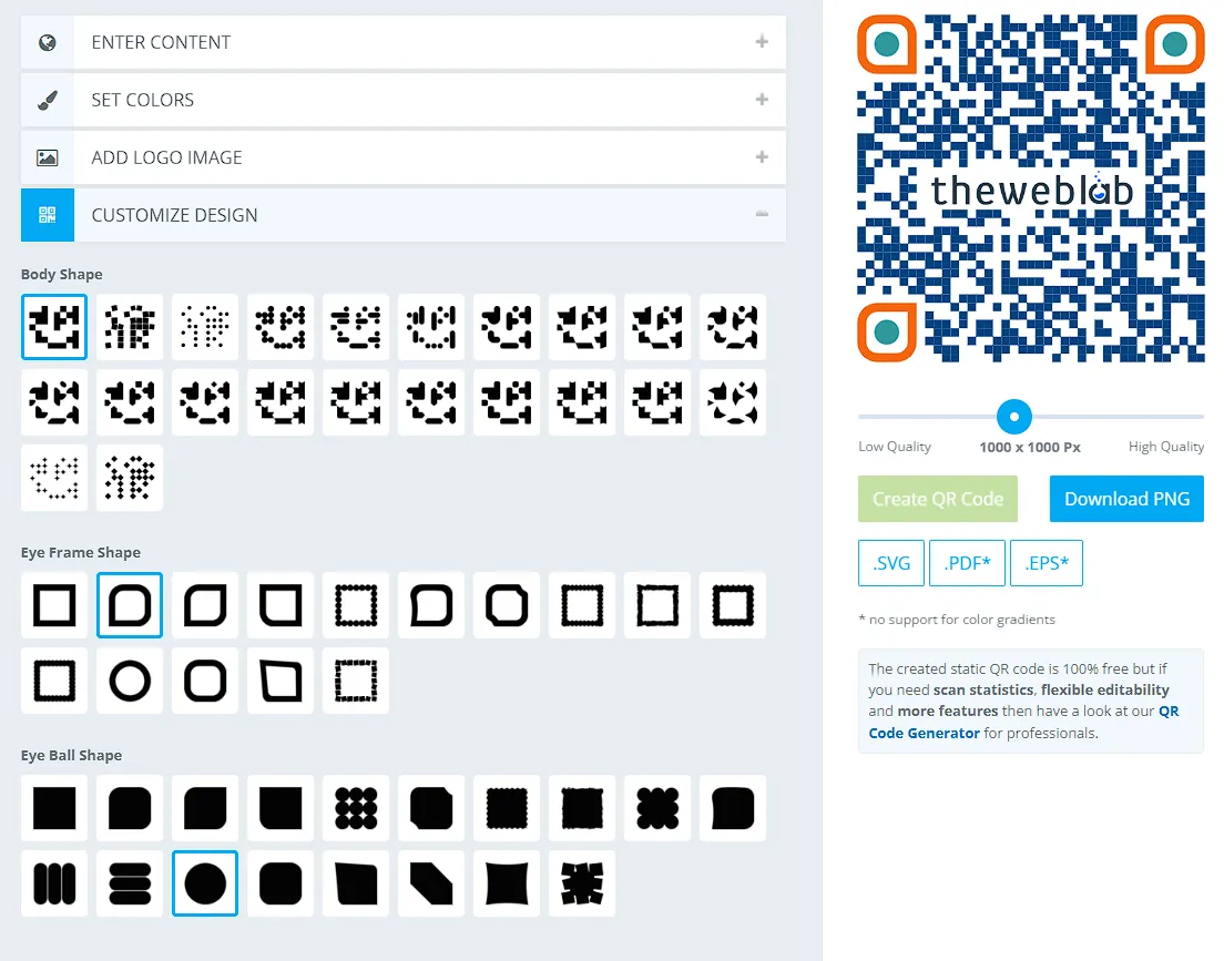 A „CUSTOMIZE DESIGN” menüpont a QR-kód testének és szemeinek alakzatbeállításaival