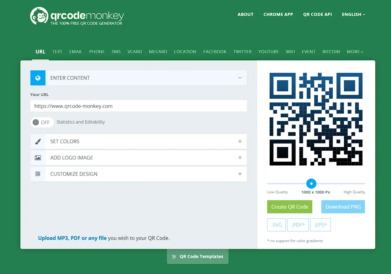 A QRCode Monkey főoldala a választható QR-kód-típusokkal és a generátorfelülettel